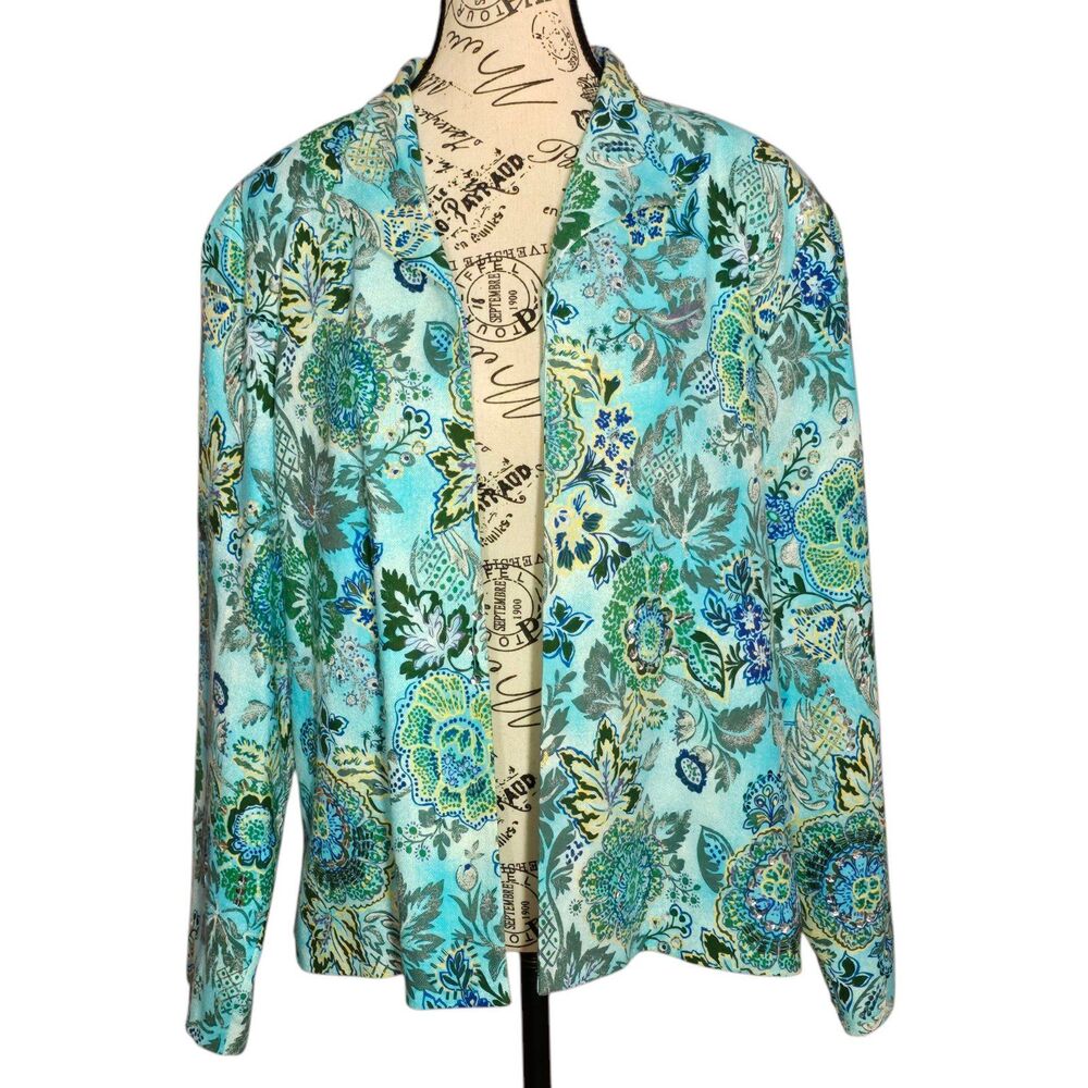 Coldwater creek linen open front beaded sequins floral cardigan topper XL